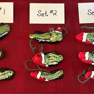 Hand Crafted Natural Oyster Shell Alligator Ornaments Set # 3